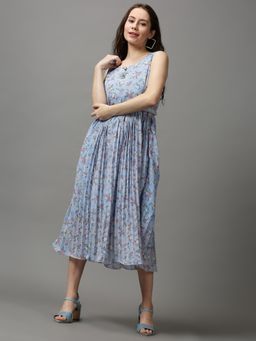 SHOWOFF - Women's Round Neck Embellished Blue Midi Dress (Set of 2)