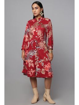 TAMISKA BY NARENDRA KUMAR - Red Floral Printed Tie-Waist Shirt Dress