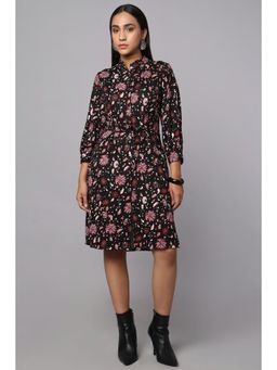 TAMISKA BY NARENDRA KUMAR - Black Floral Printed Tie-Waist Shirt Dress