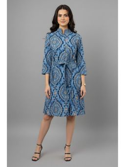 TAMISKA BY NARENDRA KUMAR - Blue Paisley Collared Midi Dress with Belt