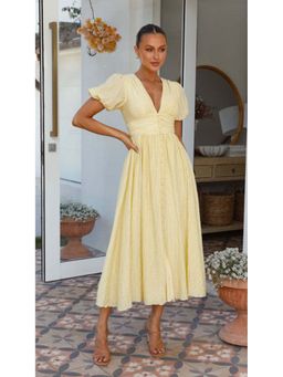 Outzidr - Yellow Plunge Neck Puff Sleeved Dress