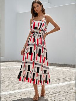 Outzidr - Multi-Color Spaghetti Strap Waist Tie-Up Dress