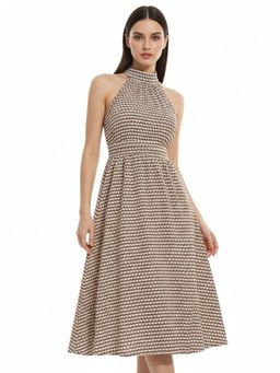 Outzidr - Brown Halter Neck Waist Fitted Dress