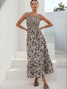 Outzidr - Cream Shoulder Strap Tiered Dress