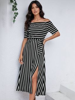 Outzidr - Black Off Shoulder Striped Slit Dress