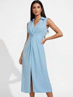 Outzidr - Light Blue Sleeveless Collared Slit Dress