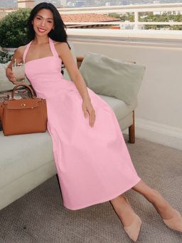 Outzidr - Pink Halter Neck Fit and Flare Dress