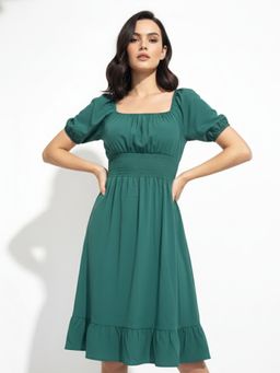 Outzidr - Green Square Neck Cinched Waist Dress