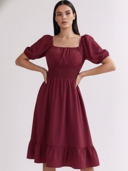 Outzidr - Burgundy Square Neck Cinched Waist Dress