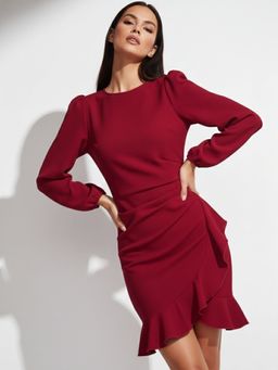 Outzidr - Red High Neck Balloon Sleeved Mini Dress