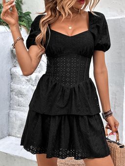 Outzidr - Black Puff Sleeve Corset Style Tiered Dress