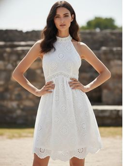 Outzidr - White Halter Neck Schiffli Dress