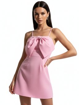 Outzidr - Pink Spaghetti Strap Bow Detail Dress
