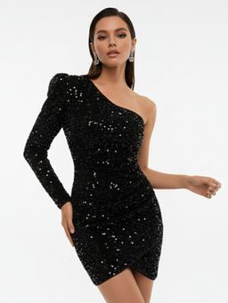 Outzidr - Black One Shoulder Sequined Fitted Wrap Hem Dress