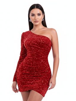 Outzidr - Red One Shoulder Sequined Fitted Wrap Hem Dress