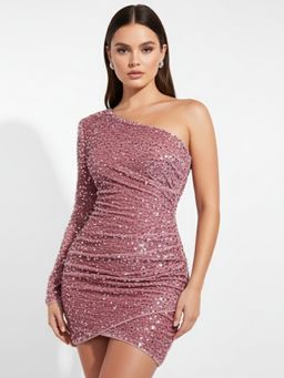 Outzidr - Pink One Shoulder Sequined Fitted Wrap Hem Dress