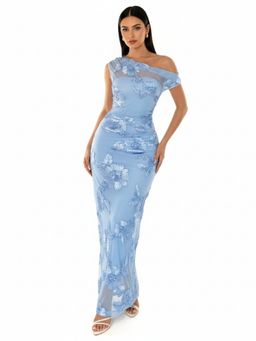 Outzidr - Blue Asymmetric Textured Dress