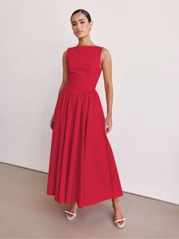 Outzidr - Red Sleeveless Solid Flared Dress