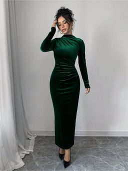 Outzidr - Green Full Sleeve High Neck Fitted Dress