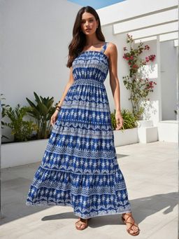 Outzidr - Blue Spaghetti Strap Printed Dress