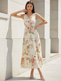 Outzidr - Cream V-Neck Floral Printed Dress