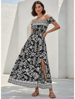 Outzidr - Black Off Shoulder Printed Dress