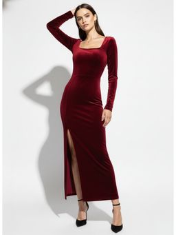 Outzidr - Maroon Full Sleeve Square Neck Side Slit Dress