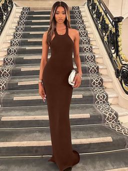 Outzidr - Brown Halter Neck Fitted Dress