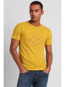 Peter England - Men Yellow Graphic Print Crew Neck T-Shirt