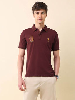 U.S. POLO ASSN. - Men's Maroon Brand Appliqued Gold Cup Polo T-Shirt