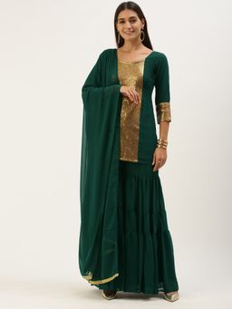 Ethnovog - Ready To Wear Green N Brown Embroidered Sharara Suit (Set of 3)