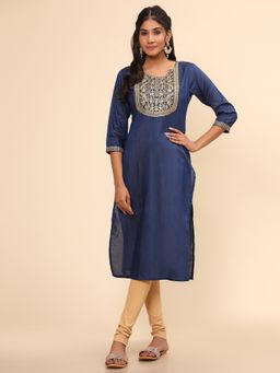 Vbuyz - Women's Embroidered Straight Chanderi Blue Stitched Kurta(vf-ku-1961)