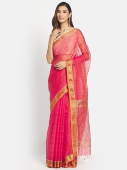 Fabindia - Pink Cotton Silk Maheshwari Woven Saree without Blouse