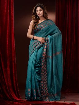 CHARUKRITI - Teal Cotton Blend Handwoven Geometric Motifs & Zari Stripes Saree with Unstitched Blouse