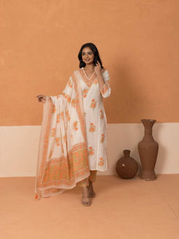 MAAND - Orange Floral Printed Cotton Kurta with Pant and Dupatta