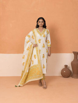 MAAND - Yellow Floral Printed Cotton Kurta with Pant and Dupatta