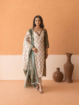 MAAND - White Floral Printed Cotton Kurta with Pant and Dupatta
