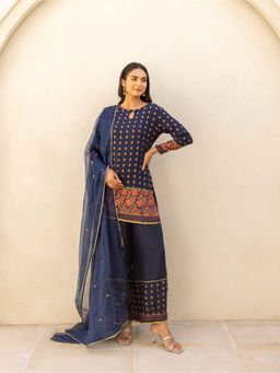 MAAND - Navy Blue Floral Woven Design Straight Kurta with Palazzo and Dupatta
