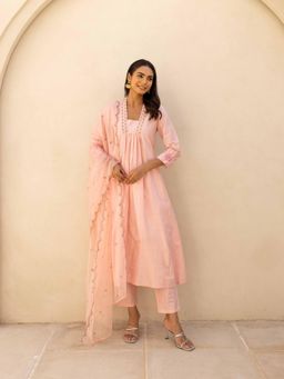MAAND - Pink Embroidered A-Line Thread Work Kurta with Pant and Dupatta