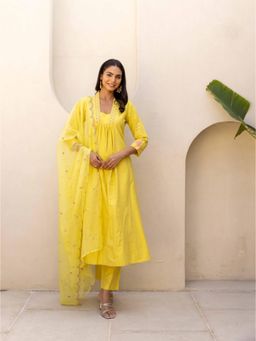 MAAND - Yellow Embroidered A-Line Thread Work Kurta with Pant and Dupatta