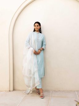 MAAND - Blue Embroidered Thread Work Kurta with Pant and Dupatta