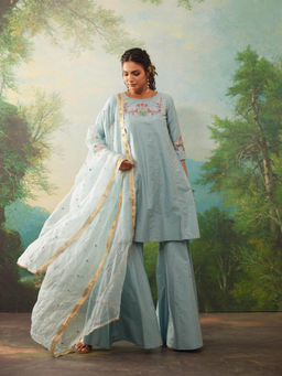 MAAND - Blue Floral Embroidered Silk Kurta with Palazzo and Dupatta