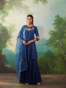 MAAND - Blue Floral Embroidered Silk Kurti with Palazzo and Dupatta