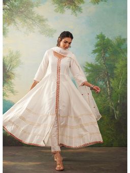 MAAND - White Embroidered Silk Anarkali Kurta with Pant and Dupatta