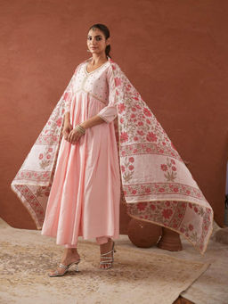 MAAND - Pink Embroidered Silk Kurta with Pant and Dupatta