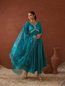 MAAND - Teal Embroidered Silk Anarkali Kurta with Pant and Dupatta
