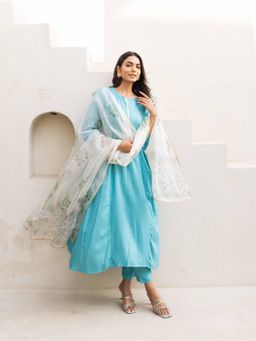 MAAND - Blue Mirror Work A-Line Kurta with Pant and Dupatta