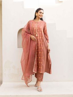 MAAND - Brown Floral Printed Mirror Work Kurta with Pant and Dupatta