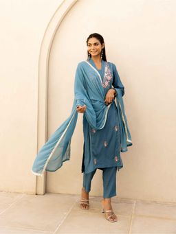 MAAND - Blue Floral Embroidered Kurta with Pant and Dupatta