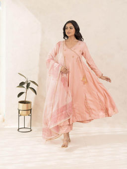 MAAND - Peach Floral Embroidered Angrakha Kurta with Pant and Dupatta
